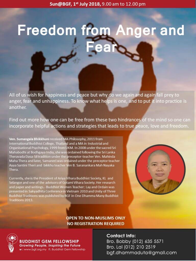 Sun@BGF - Freedom from Fear and Anger Talk by Ven Sumangala poster