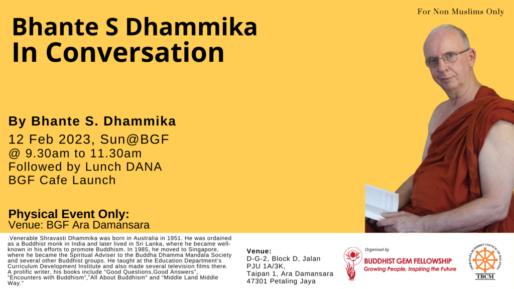 Poster for event In Conversation with Venerable S. Dhammika. Full event details in post